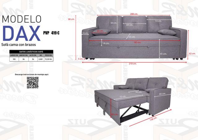 SOFA CAMA DAX CON BRAZOS 210X86CM