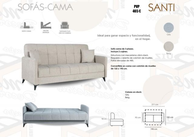 SOFA CAMA SANTI CON BRAZO 190X92CM GRIS Y BEIG