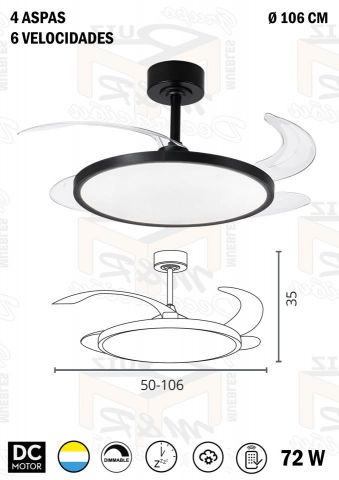 VENTILADOR DE TECHO SLIM NEGRO DC 106 Ø 72W