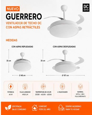 VENTILADOR GUERRERO 59W 4 ASPAS REGULABLE 3 LUCES